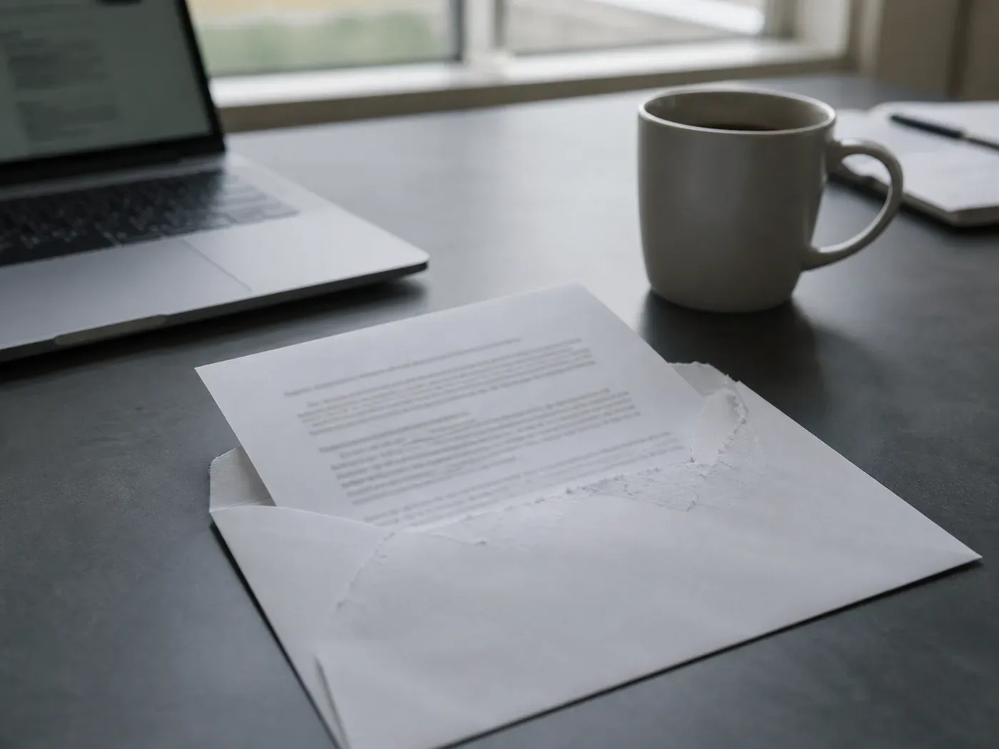 Formeller Geschäftsbrief halb aus dem aufgerissenen Umschlag auf einem Schreibtisch, daneben Laptop und Kaffeetasse