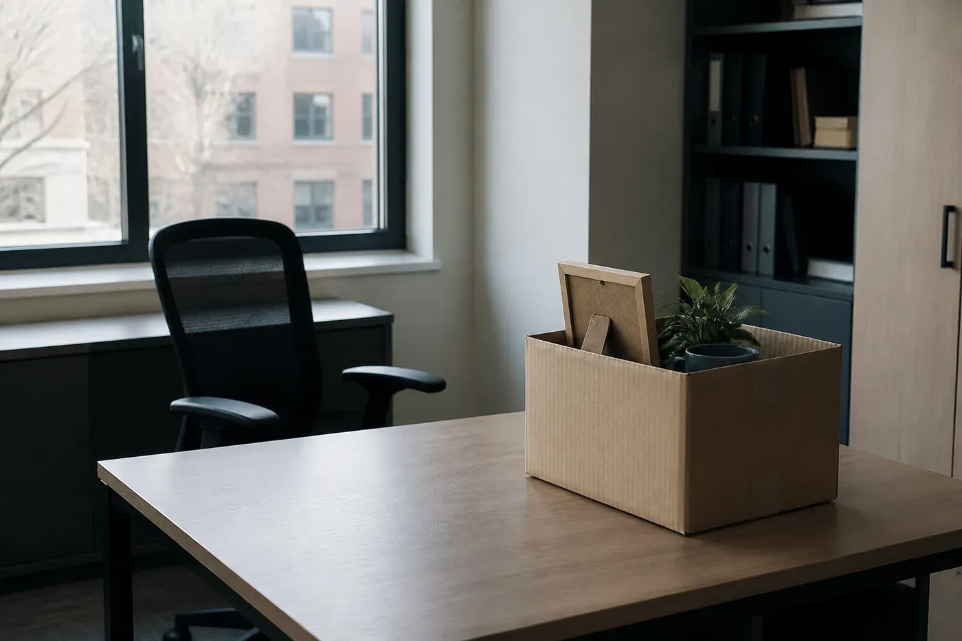 Leergeräumter Büroschreibtisch mit einem kleinen Umzugskarton, darin eine Pflanze, eine Tasse und ein weggedrehter Bilderrahmen