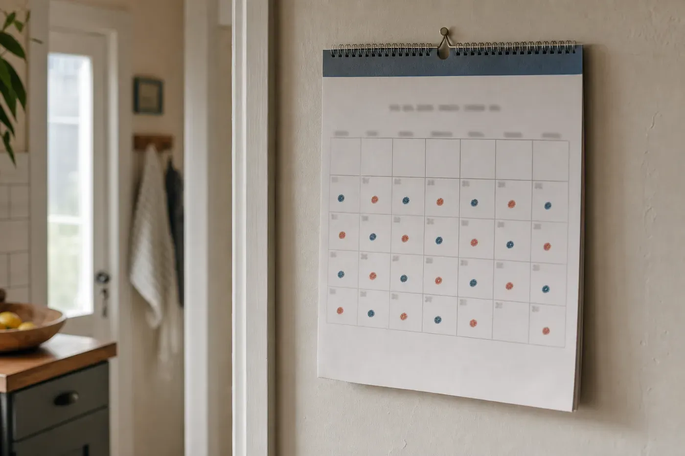 Wandkalender im Flur, die Tage abwechselnd in zwei Farben markiert, wie aufgeteilte Wochen