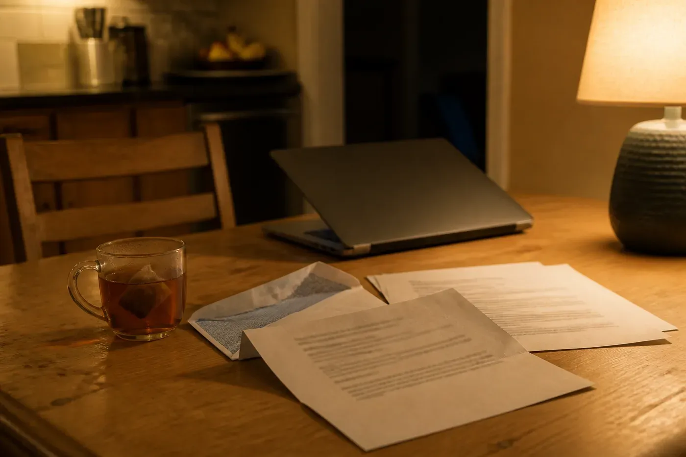 Küchentisch am Abend unter Lampenlicht, darauf ein geöffneter Brief, lose Unterlagen, eine kalt gewordene Tasse Tee und ein halb zugeklappter Laptop