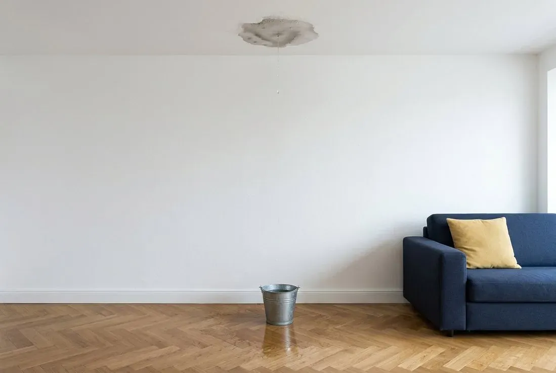 Wasserfleck an der Zimmerdecke, ein Tropfen fällt in einen Eimer auf dem nassen Holzboden