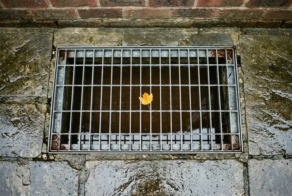 Kellerlichtschacht von oben, bis unter das Gitter mit braunem Wasser gefüllt, ringsum nasses Pflaster