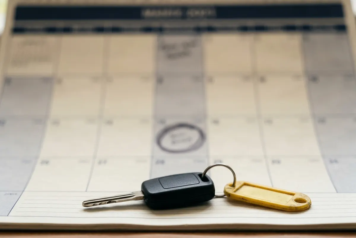 Autoschlüssel mit gelbem Anhänger liegt auf einem Wandkalender, ein Datum dahinter ist markiert