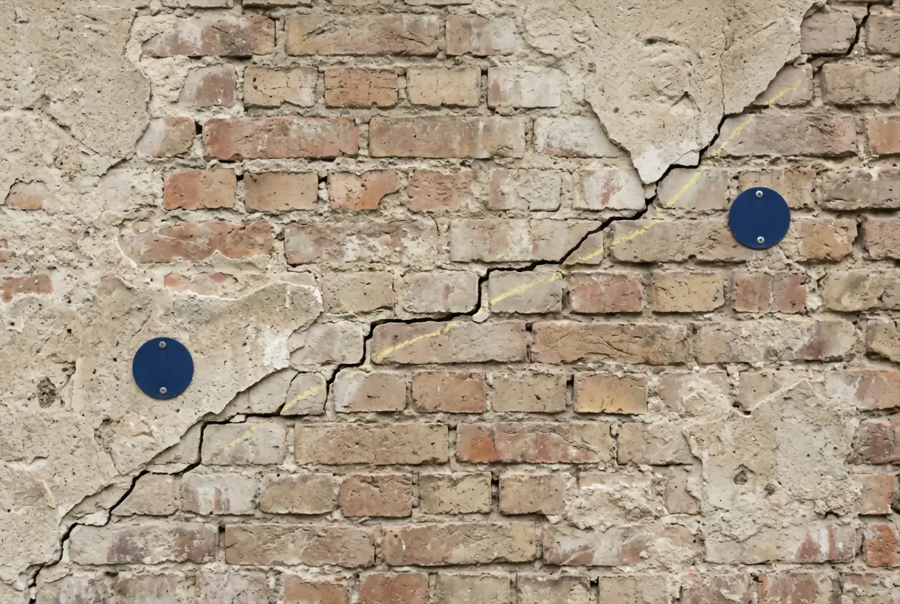 Alte Ziegelwand mit teils abgeplatztem Putz, ein Riss läuft diagonal hindurch und folgt dabei stufenweise den Mörtelfugen, links und rechts davon je eine runde Messmarke