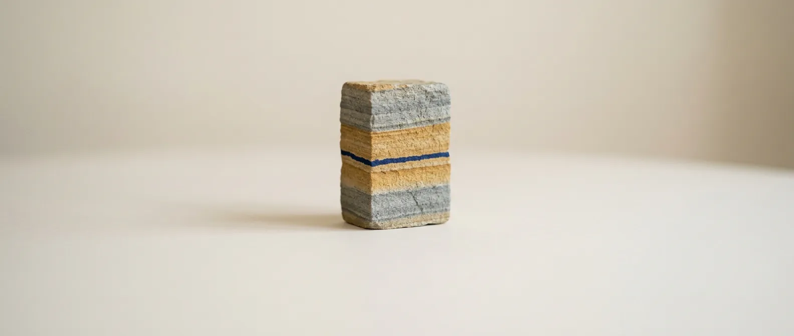 Ein kleiner Sandsteinblock steht aufrecht auf einer hellen Fläche, seine waagerechten Schichten wechseln zwischen grau und ocker, über einer Fuge verläuft eine dünne dunkelblaue Linie