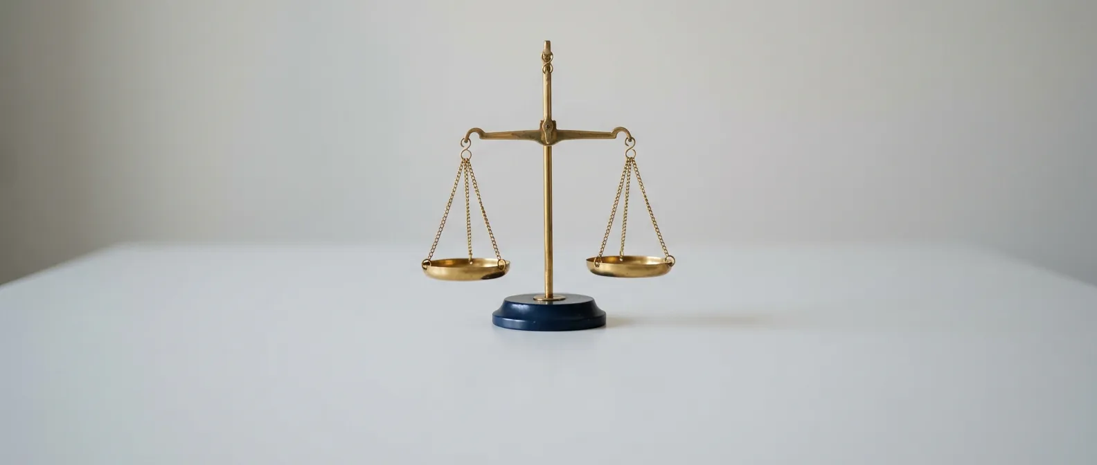 Eine kleine Balkenwaage aus Messing mit dunkelblauem Fuß steht allein auf einer hellen Fläche, beide Schalen leer und im Gleichgewicht