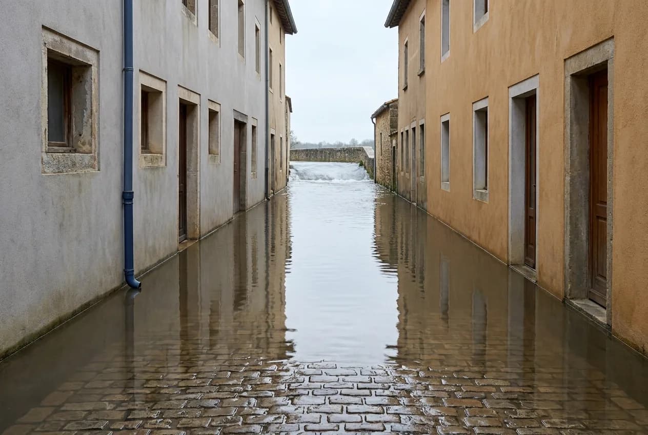 Enge, menschenleere Altstadtgasse, in der ruhiges braungraues Wasser knietief steht und das Kopfsteinpflaster am vorderen Rand noch durchscheinen lässt. Am Ende der Gasse läuft Wasser gleichmäßig über eine überspülte Brüstungsmauer