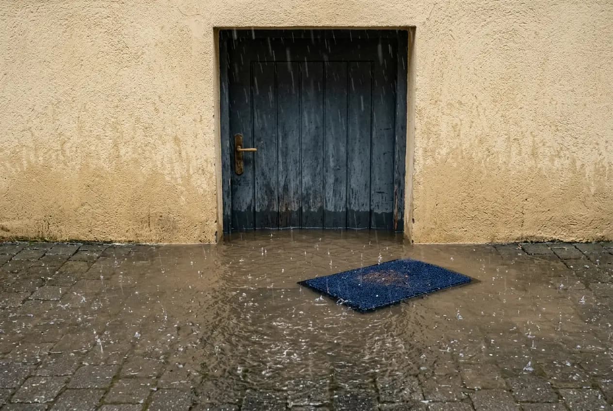 Wasser steht vor einer Kellertür an einer Aachener Altbaufassade, Regen fällt auf den überfluteten Hof